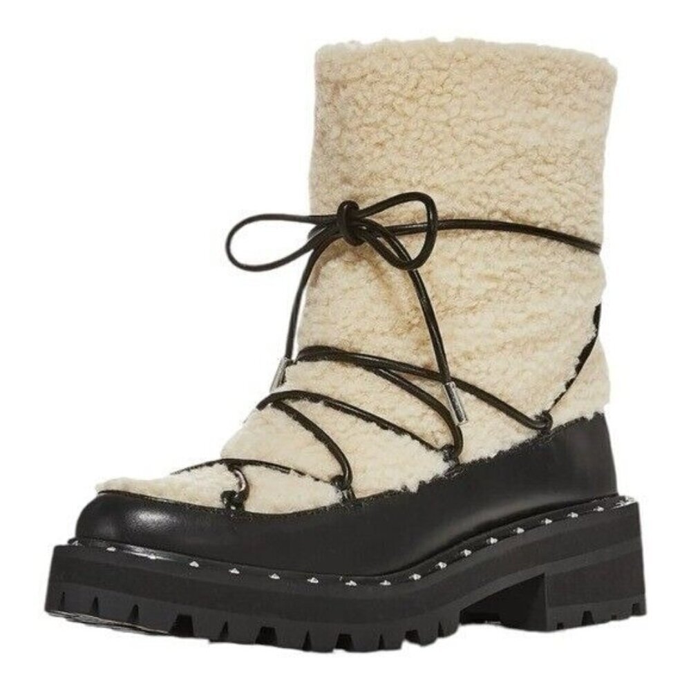 AQUA Fuzz Women’s Leather Lug Sole Sherpa Lace Up Winter Boot Black Size 6.5